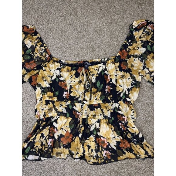 Womens Mesh Crop Top Floral Babydoll Coquette Y2k Fairy Goth Flare Sleeve XS - Picture 9 of 11